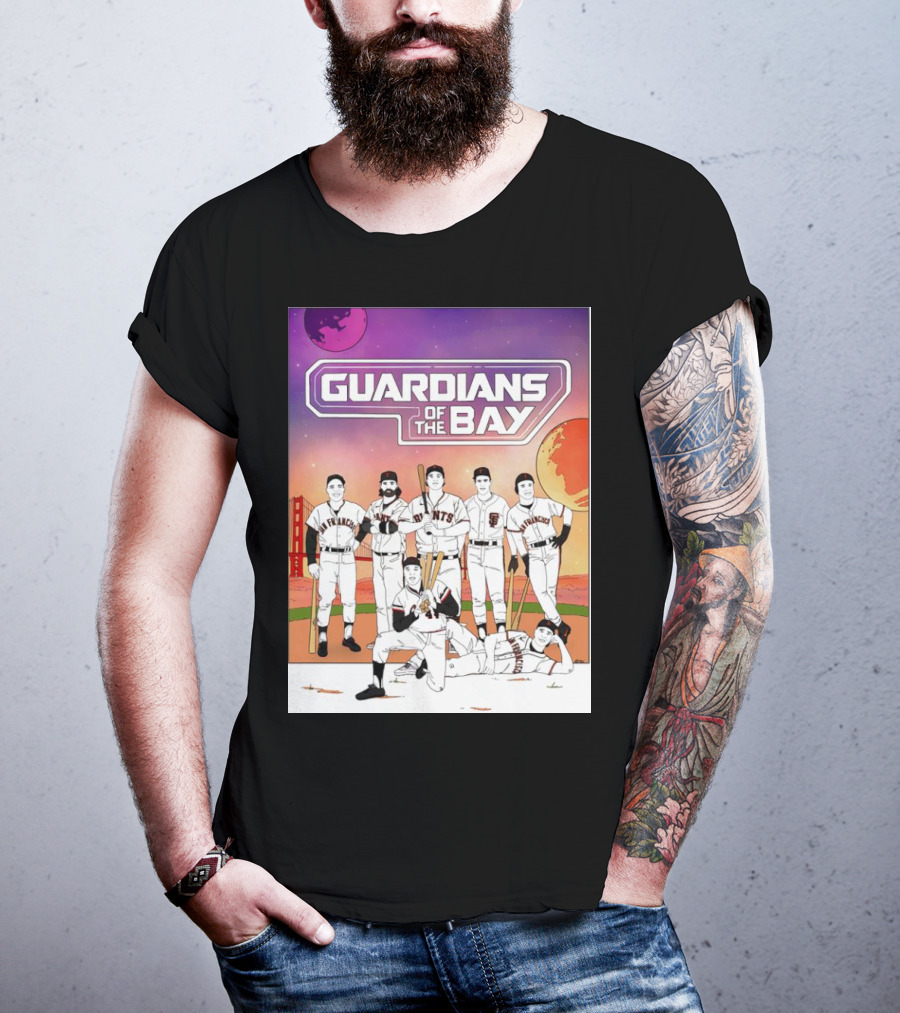 Guardians Of The Bay San Francisco Giants Baseball Players With Golden Gate Bridge And Sunset Background T-Shirt