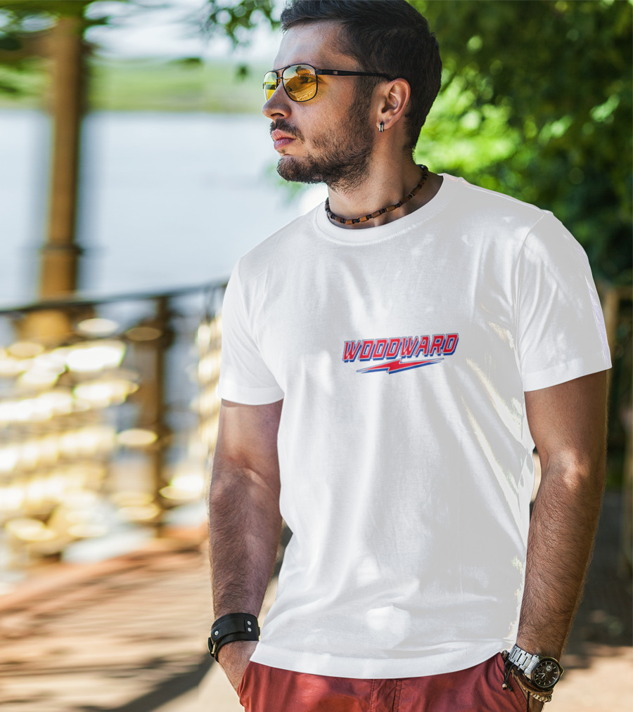 Woodward Pistons Lightning Bold Red And Blue Text With Stylized Bolt T-Shirt