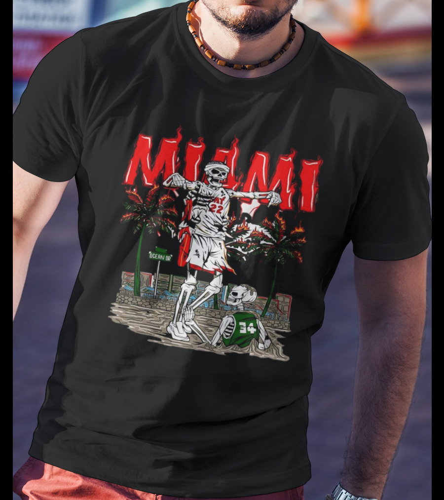 Miami Heat Skeleton Celebrating Over Boston Celtics On Ocean Drive T-Shirt
