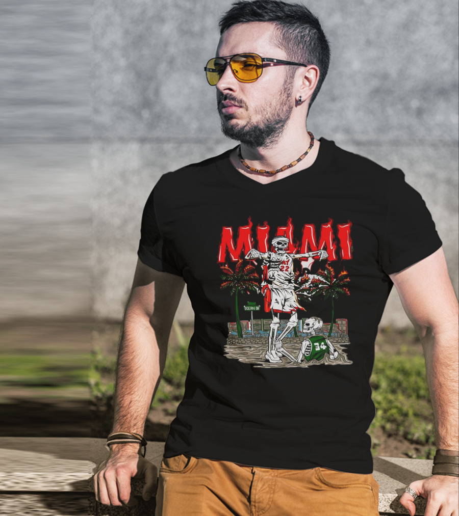 Miami Heat Skeleton Celebrating Over Boston Celtics On Ocean Drive T-Shirt
