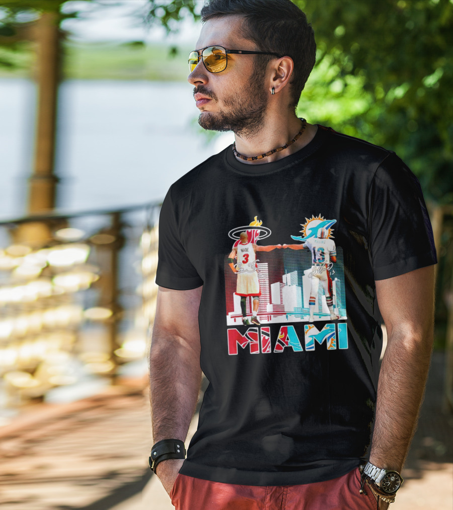 Miami Heat Dwyane Wade And Miami Dolphins Dan Marino Iconic Fist Bump Signatures T-Shirt