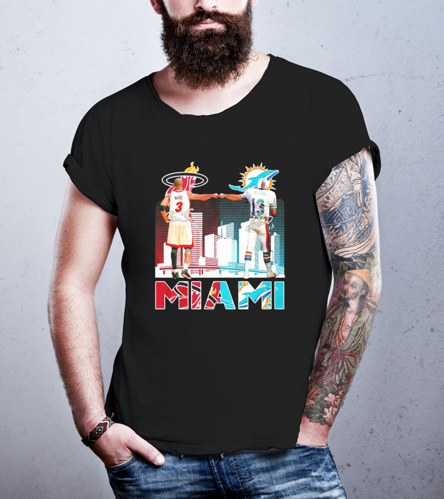 Miami Heat Dwyane Wade And Miami Dolphins Dan Marino Iconic Fist Bump Signatures T-Shirt