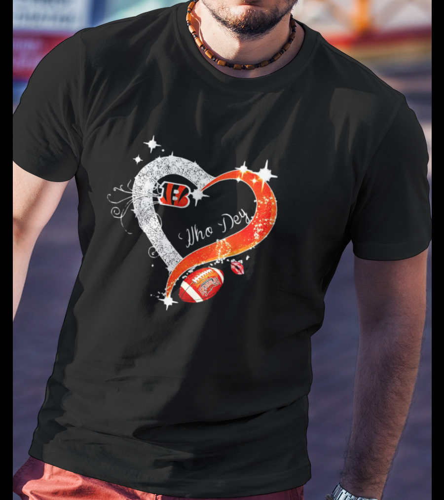 Cincinnati Bengals Who Dey Diamond Heart Football Icon With Logo And Lips T-Shirt