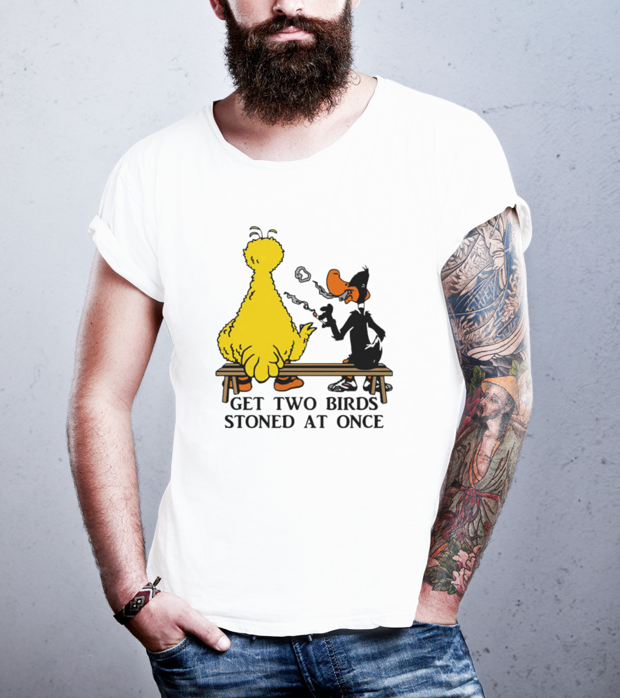 Get Two Birds Stoned At Once Smoking Yellow Black Cartoon Birds Bench T-Shirt