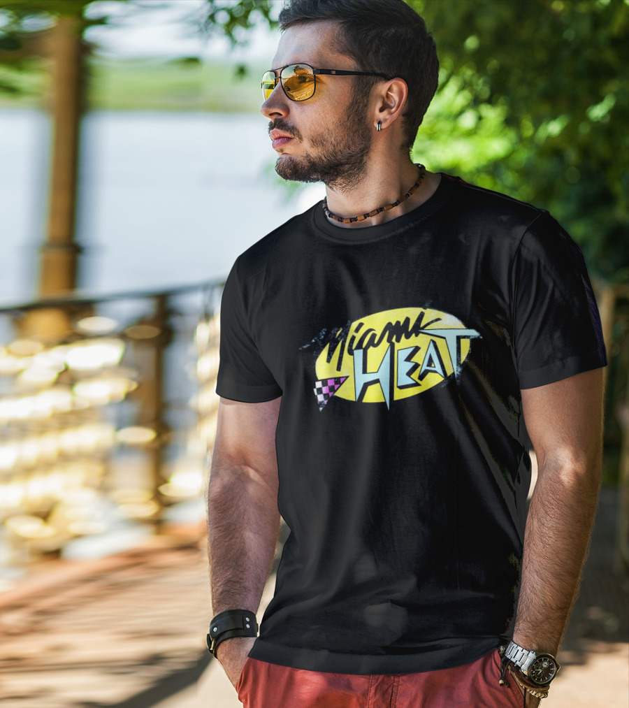 Miami Heat Retro 90s Style Logo With Neon Colors And Checkered Triangle T-Shirt