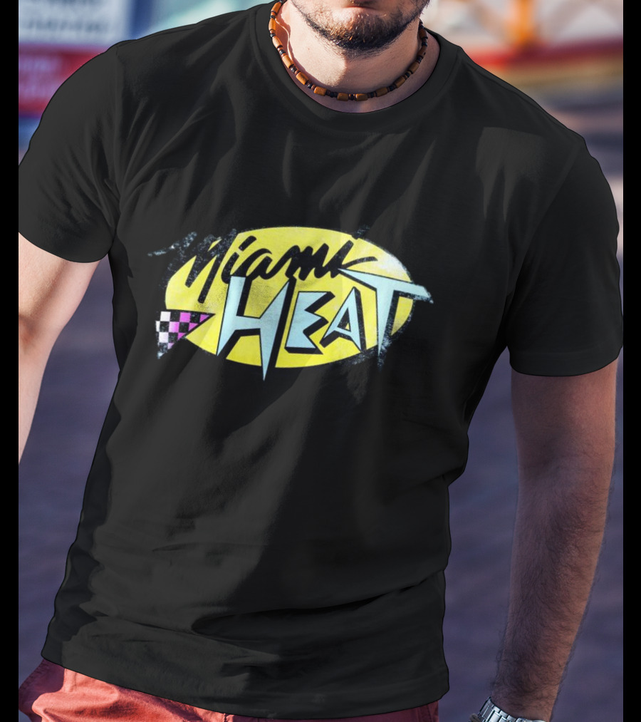 Miami Heat Retro 90s Style Logo With Neon Colors And Checkered Triangle T-Shirt