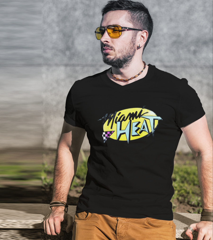 Miami Heat Retro 90s Style Logo With Neon Colors And Checkered Triangle T-Shirt