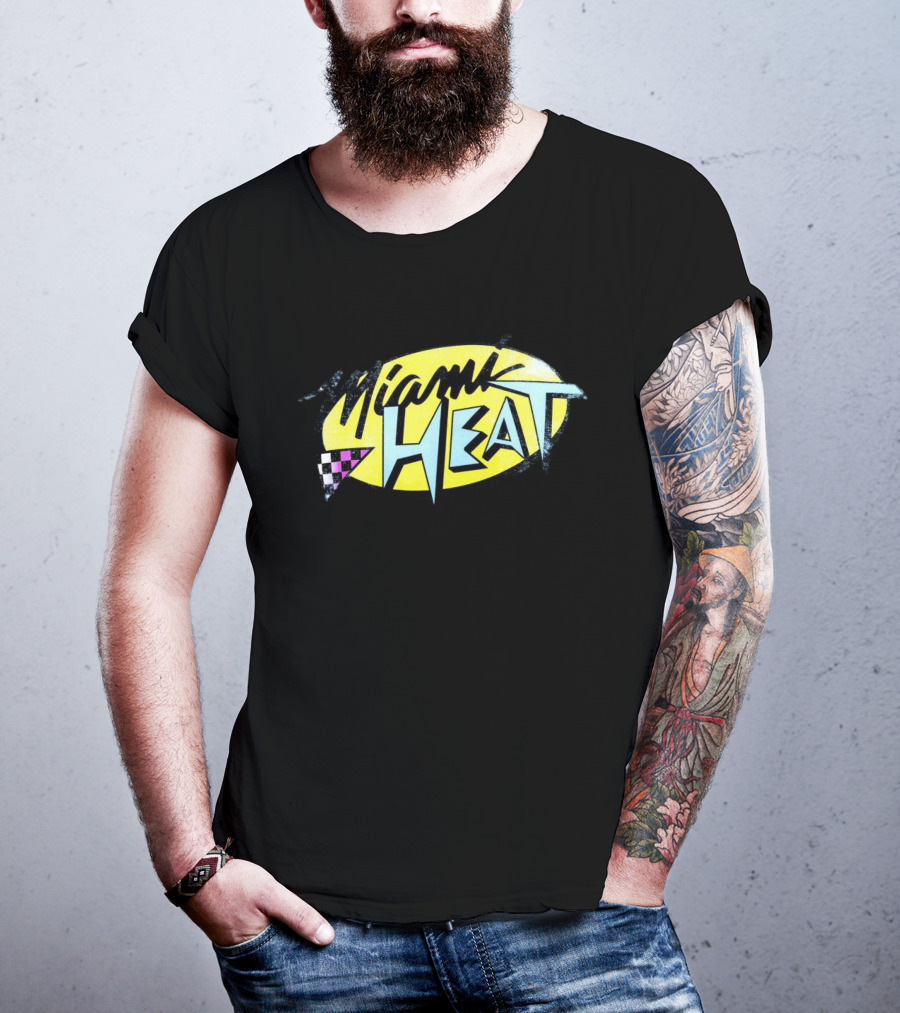 Miami Heat Retro 90s Style Logo With Neon Colors And Checkered Triangle T-Shirt
