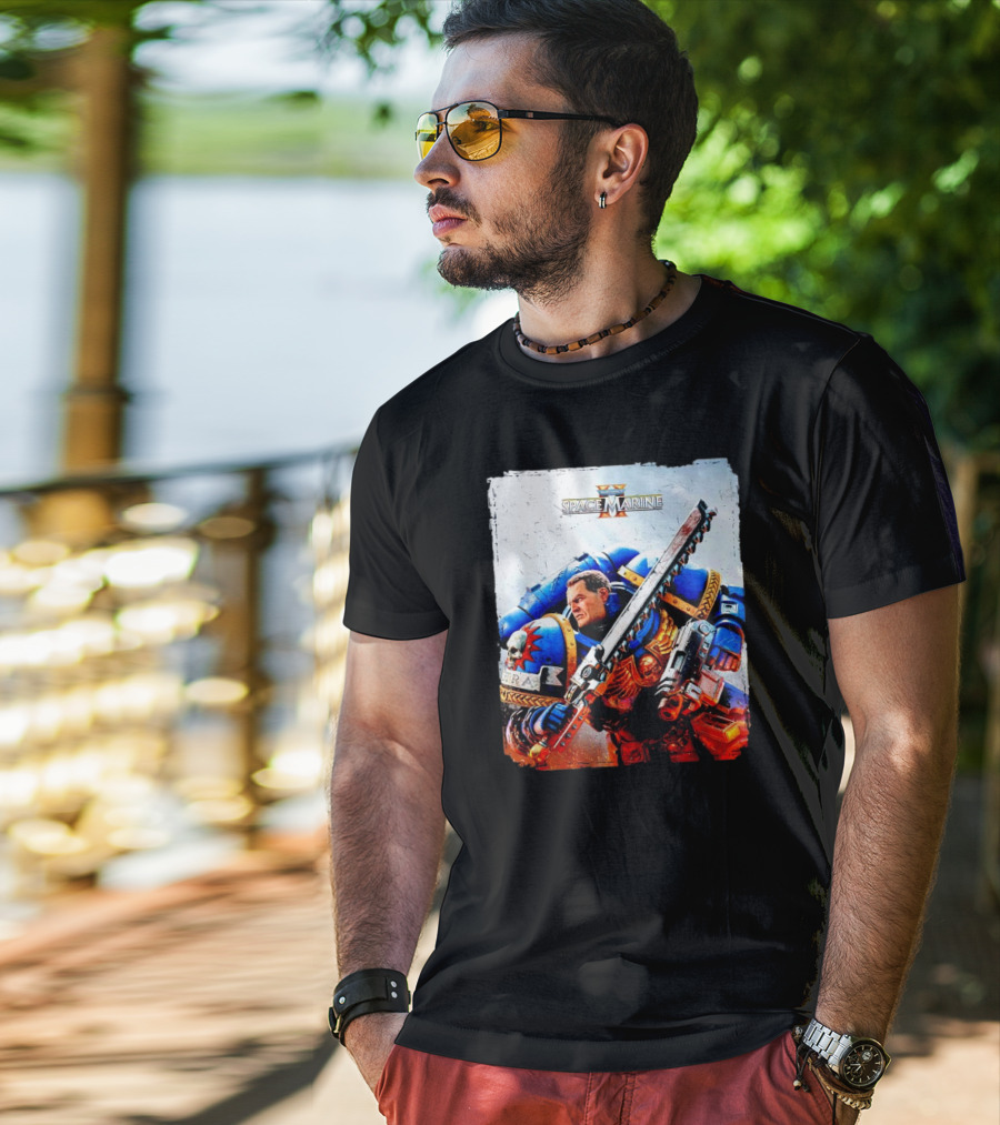 Warhammer 40000 Space Marine 2 Titus Game Art Ultramarine Warrior Battle Scene T-Shirt