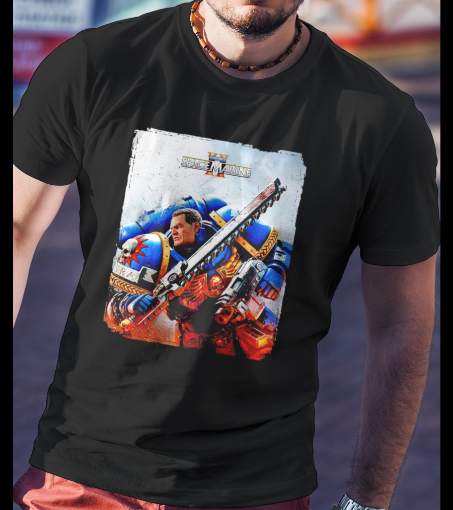 Warhammer 40000 Space Marine 2 Titus Game Art Ultramarine Warrior Battle Scene T-Shirt