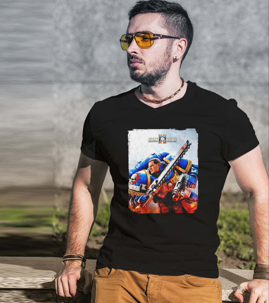 Warhammer 40000 Space Marine 2 Titus Game Art Ultramarine Warrior Battle Scene T-Shirt