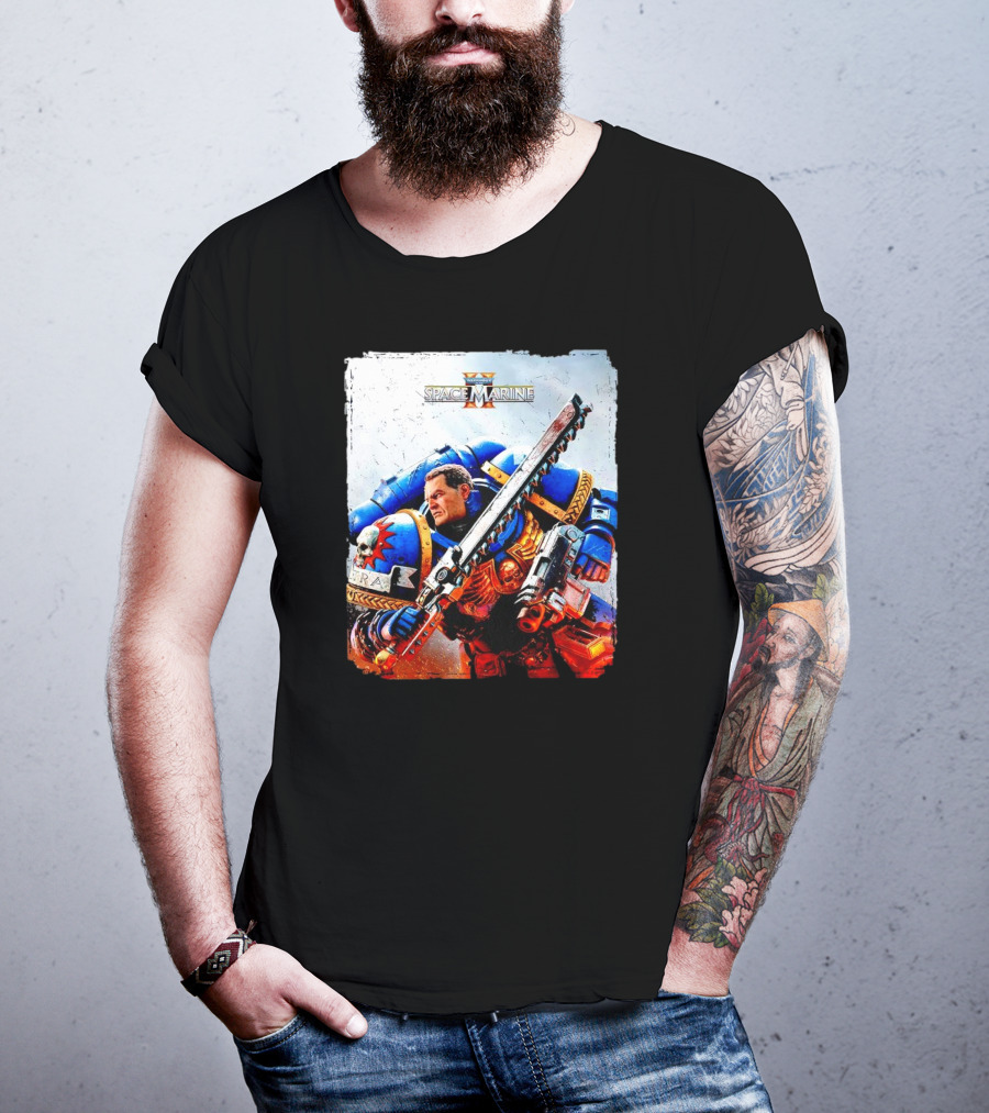 Warhammer 40000 Space Marine 2 Titus Game Art Ultramarine Warrior Battle Scene T-Shirt