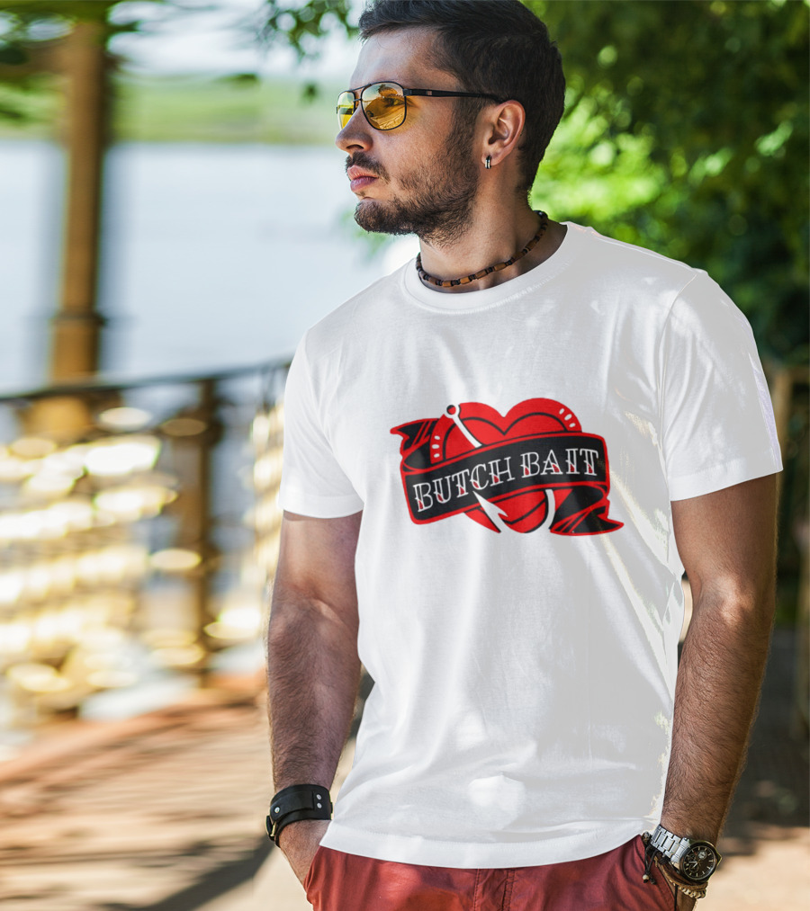 Butch Bait Heart With Fishing Hook Banner T-Shirt