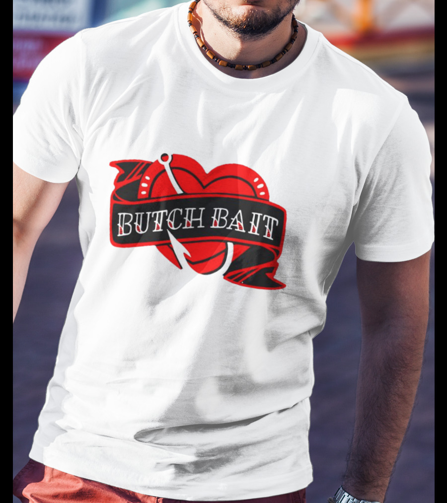 Butch Bait Heart With Fishing Hook Banner T-Shirt