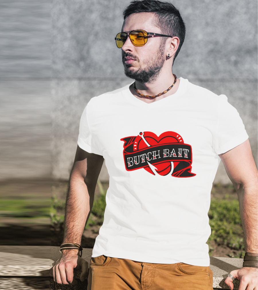 Butch Bait Heart With Fishing Hook Banner T-Shirt