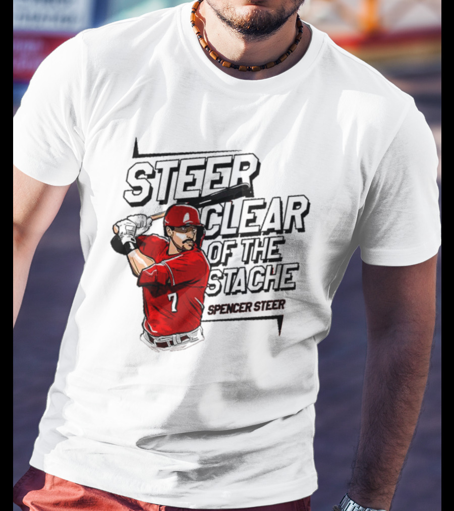 Spencer Steer Clear Of The Stache Baseball Player Illustration With Red Jersey And Bat T-Shirt