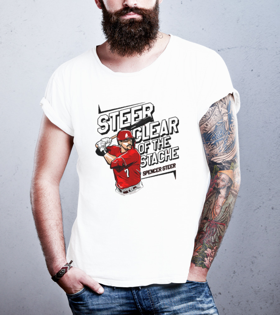 Spencer Steer Clear Of The Stache Baseball Player Illustration With Red Jersey And Bat T-Shirt