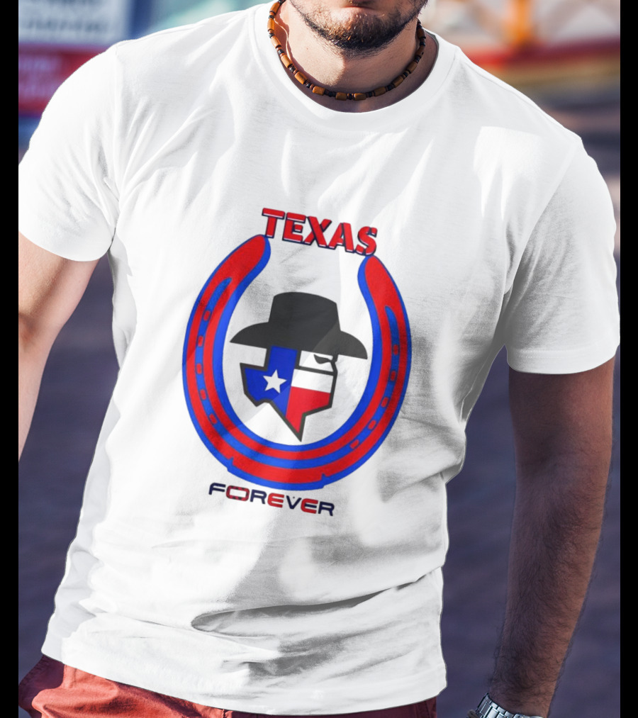 Texas Forever Lone Star Horseshoe Red Blue Cowboy Hat T-Shirt