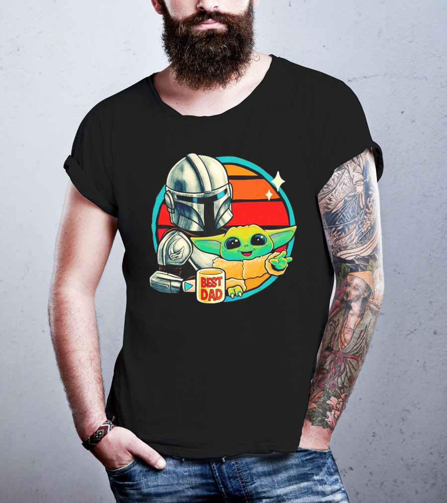 Best Dad Din Djarin With Grogu Vintage Retro Sunset T-Shirt