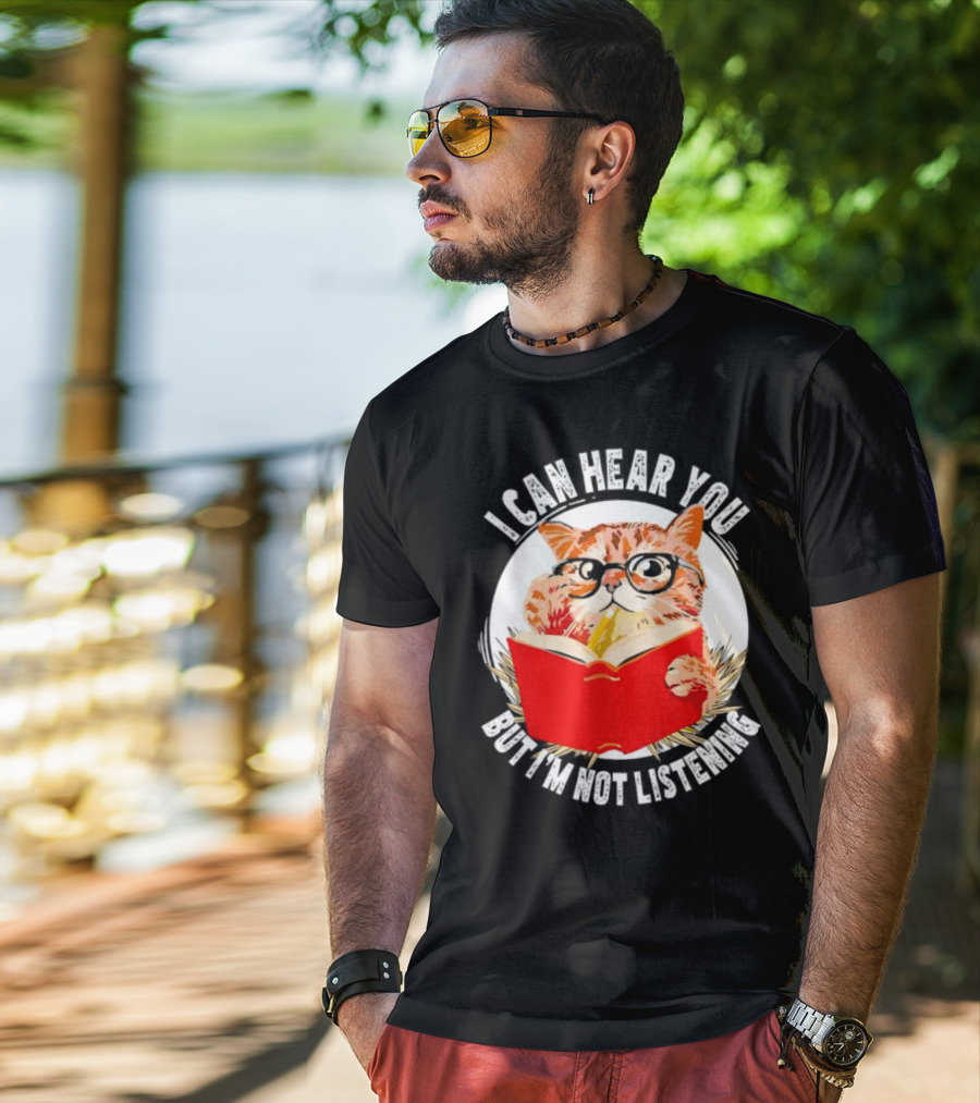 I Can Hear You But I'm Not Listening Funny Cat With Glasses And Book T-Shirt