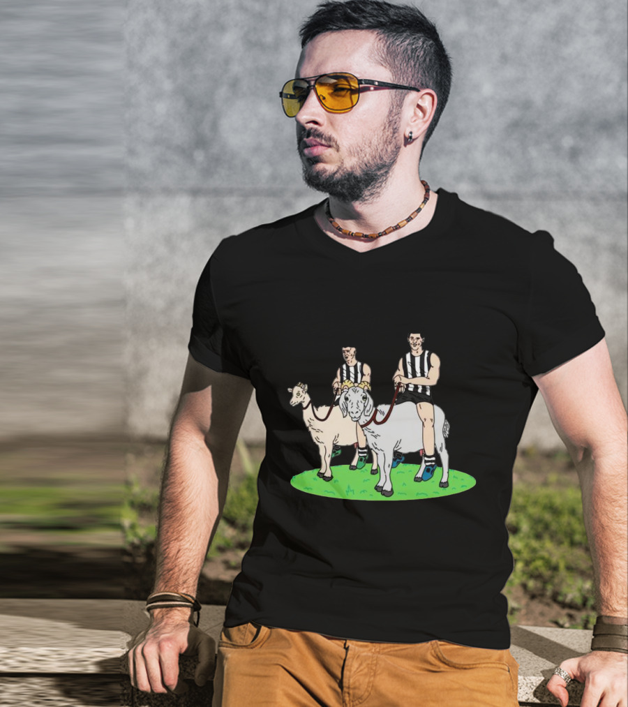 The Goat And The Kid Black And White Striped Jersey Duo On Green Field T-Shirt
