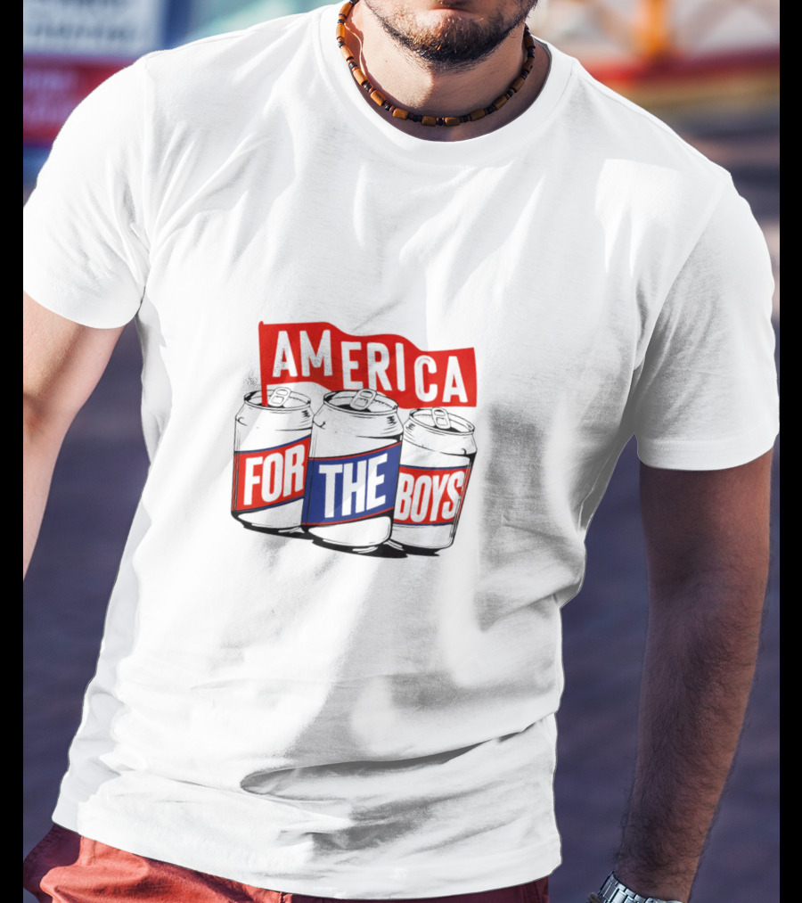 America For The Boys Beer Cans Red And Blue Text T-Shirt