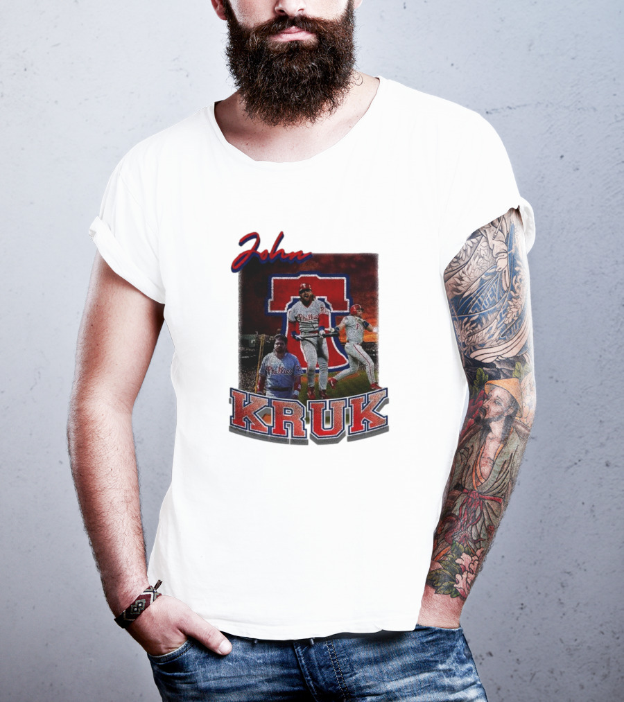 John Kruk Phillies Baseball Player Retro Style Red Blue Text T-Shirt