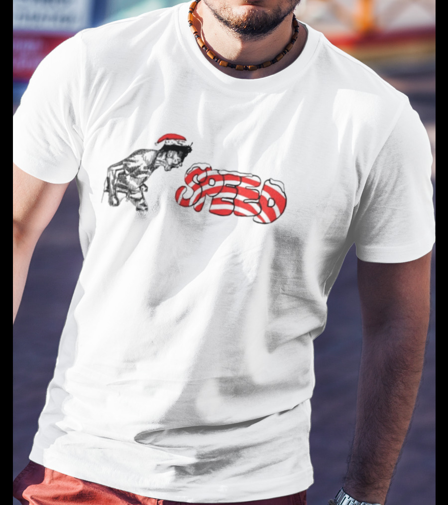 Ishowspeed Christmas Red Santa Hat And Striped Speed Text T-Shirt