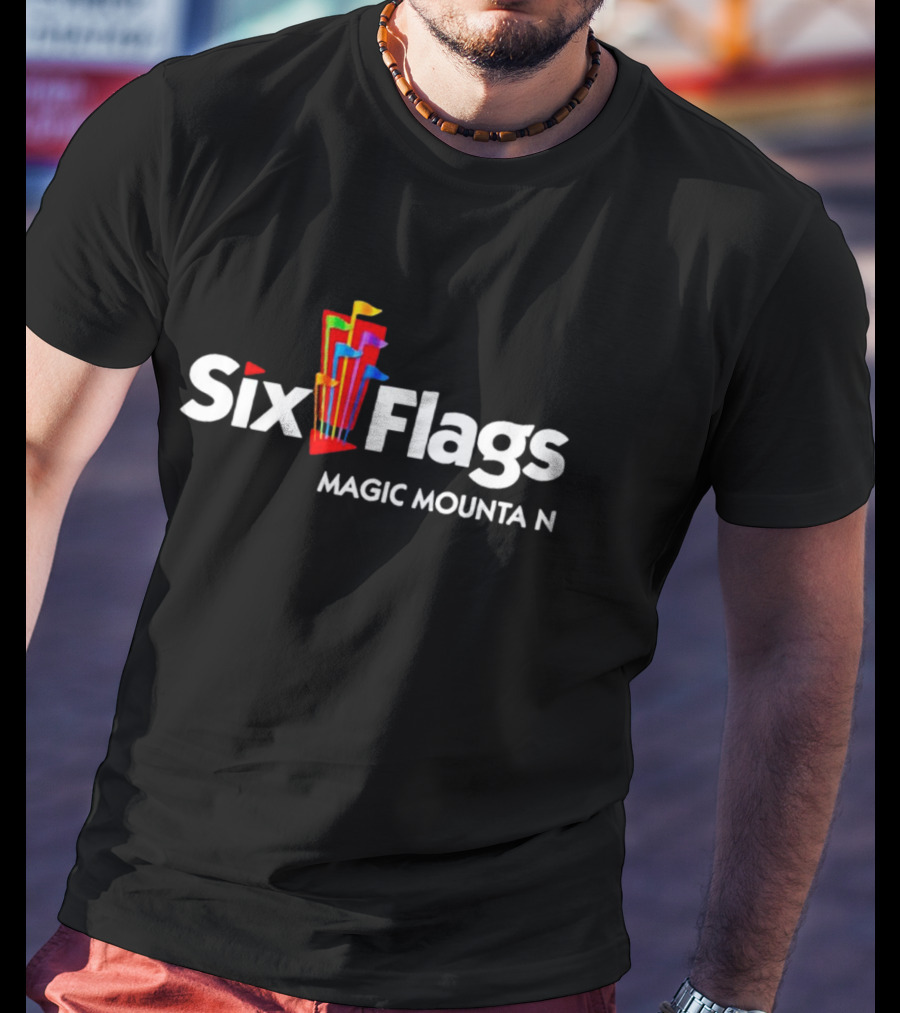 Six Flags Magic Mountain Logo With Colorful Flags T-Shirt