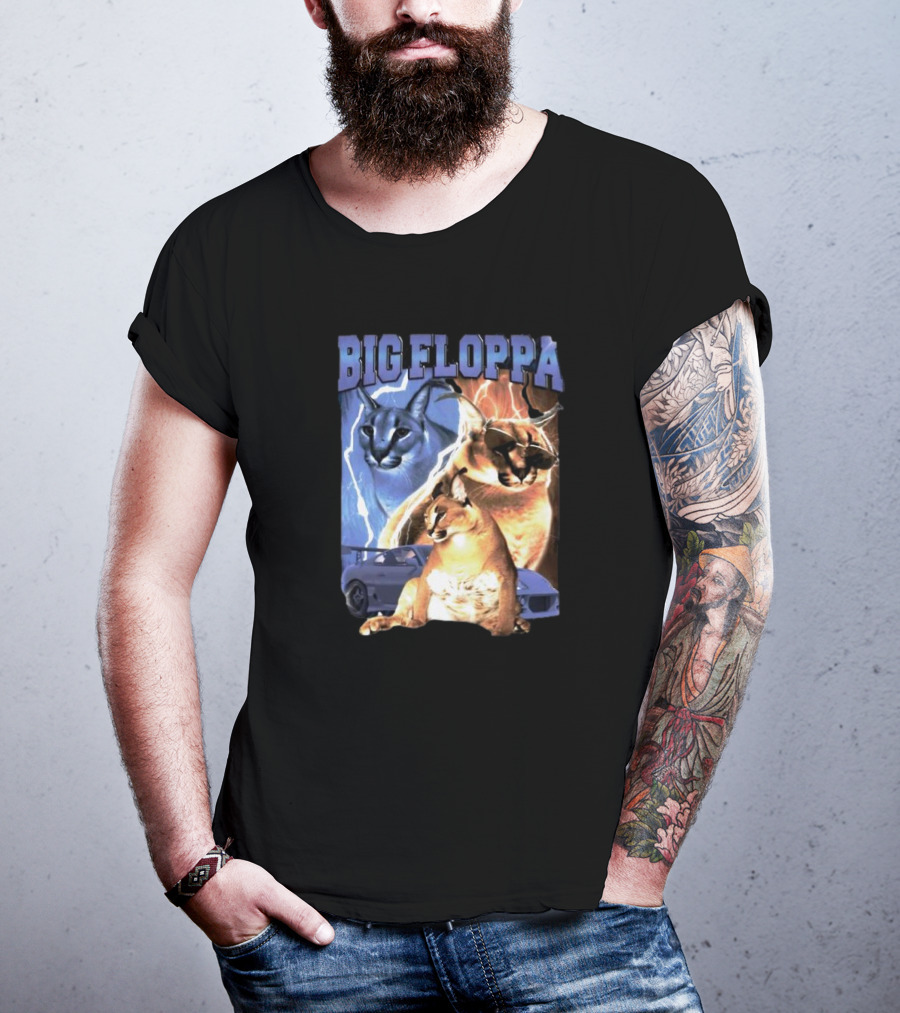 Big Floppa Lightning Caracal Trio With Lightning And Sports Car T-Shirt