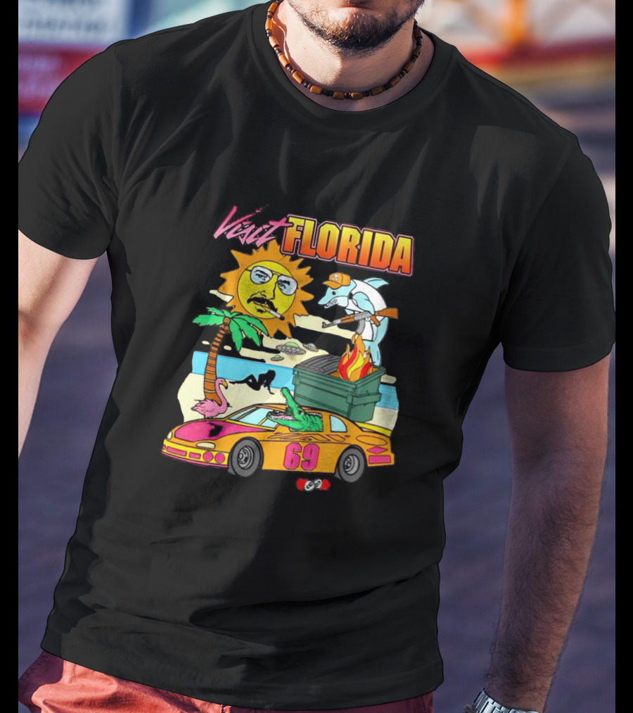 Visit Florida Beach Car Alligator Sun Dolphin Racing Fun T-Shirt