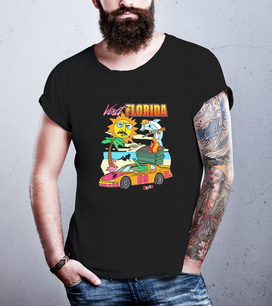 Visit Florida Beach Car Alligator Sun Dolphin Racing Fun T-Shirt
