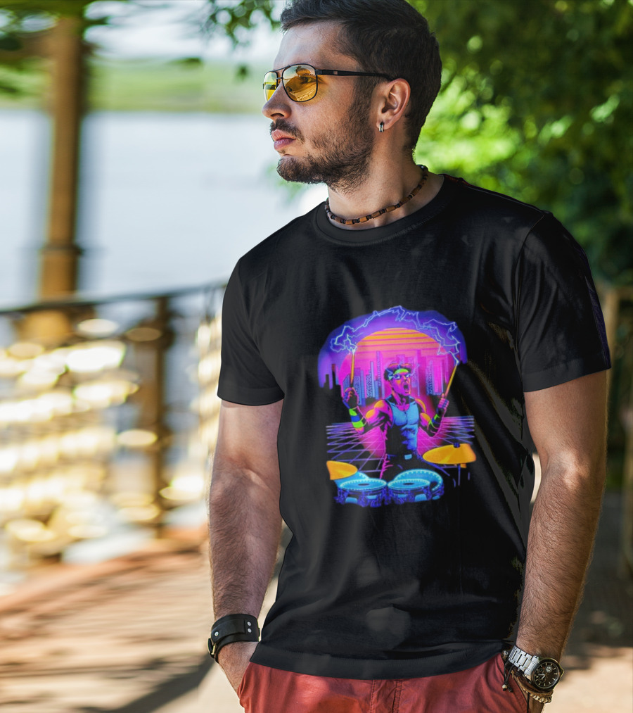Drumatron Neon City Electric Drummer In Retro Futuristic Skyline T-Shirt