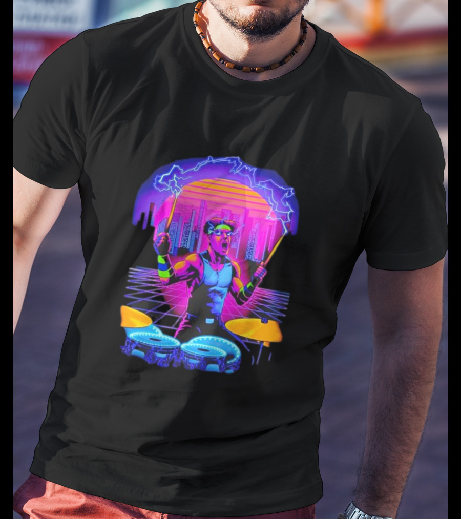 Drumatron Neon City Electric Drummer In Retro Futuristic Skyline T-Shirt