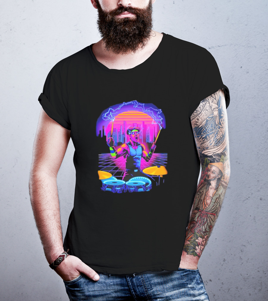 Drumatron Neon City Electric Drummer In Retro Futuristic Skyline T-Shirt