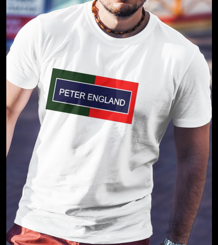PETER ENGLAND Black Background Rectangular Logo With Green And Red Blocks T-Shirt