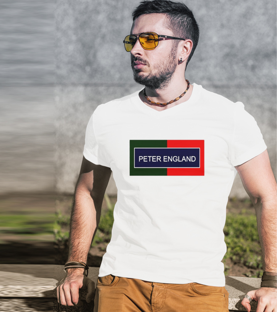 PETER ENGLAND Black Background Rectangular Logo With Green And Red Blocks T-Shirt