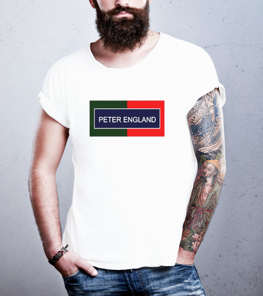 PETER ENGLAND Black Background Rectangular Logo With Green And Red Blocks T-Shirt