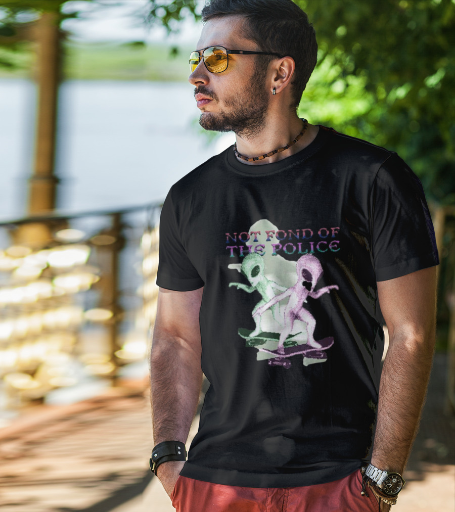 Not Fond Of The Police Alien Skateboarding Duo T-Shirt