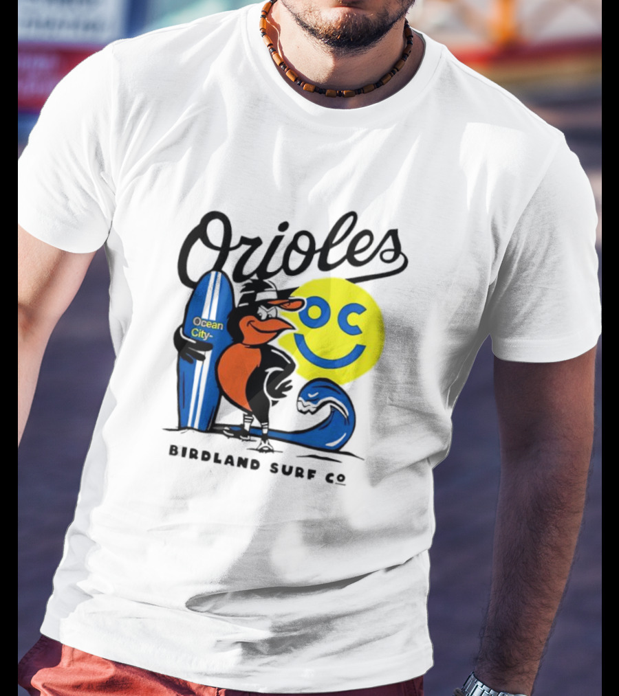 Orioles Ocean City Birdland Surf Co Smiley Surfboard Wave T-Shirt