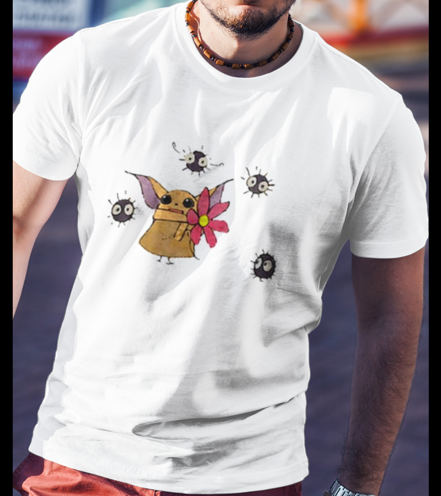 Star Wars Baby Yoda With Flower And Ghibli Soot Sprites T-Shirt
