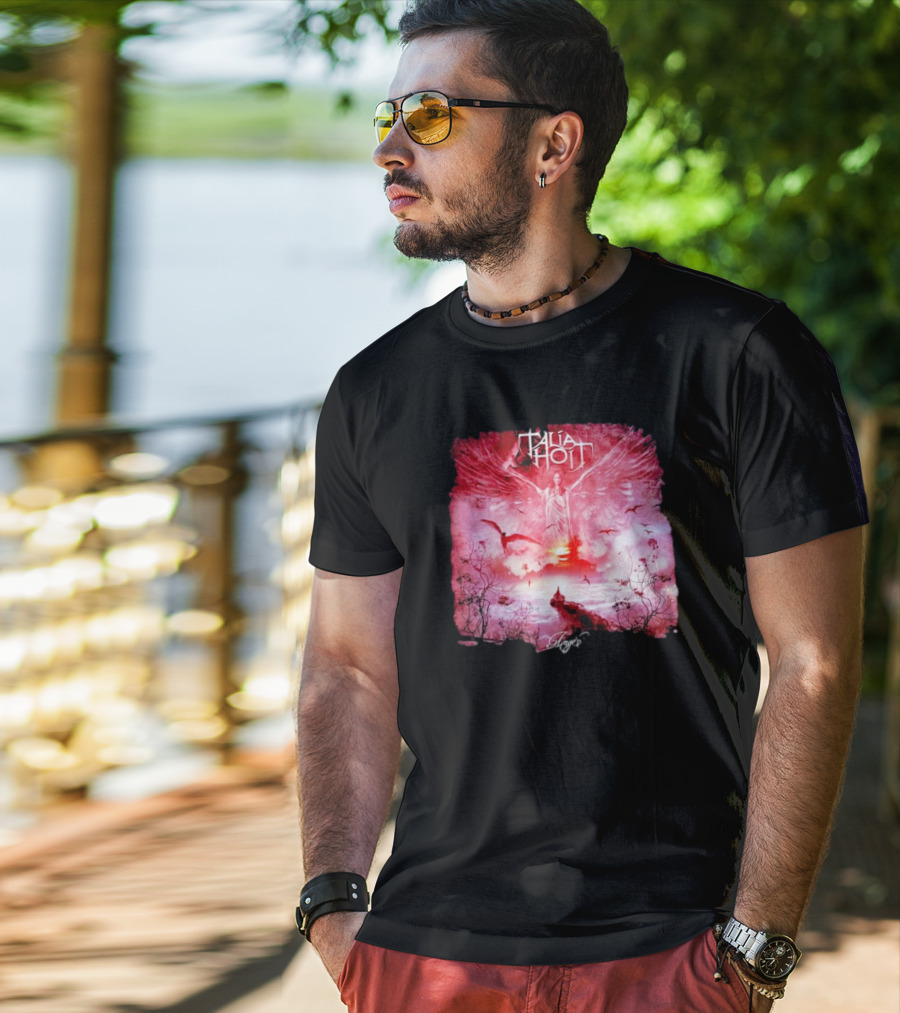 Talia Hoit Angel Red Winged Figure With Birds And Sunset T-Shirt