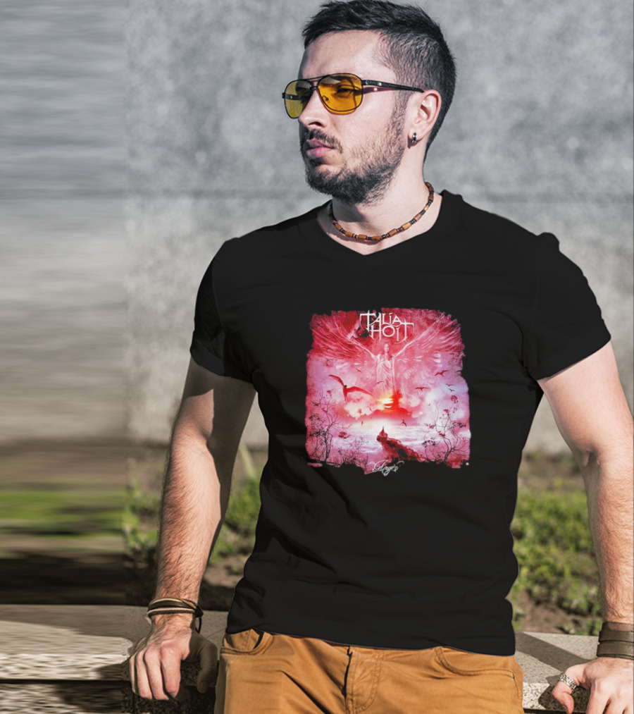 Talia Hoit Angel Red Winged Figure With Birds And Sunset T-Shirt