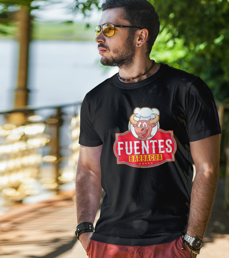Fuentes Barbacoa Chef Cow Logo On Red Badge T-Shirt