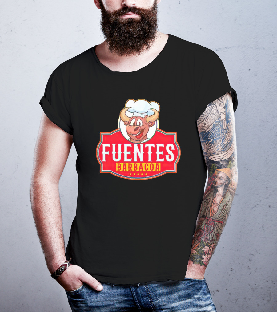 Fuentes Barbacoa Chef Cow Logo On Red Badge T-Shirt