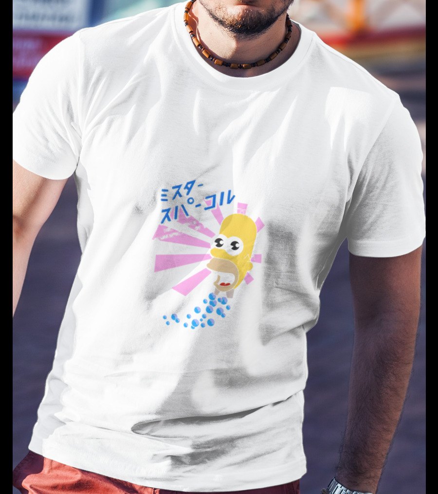 Mr. Sparkle Simpsons Japanese Typography Homer Head Pink Beams Blue Bubbles T-Shirt
