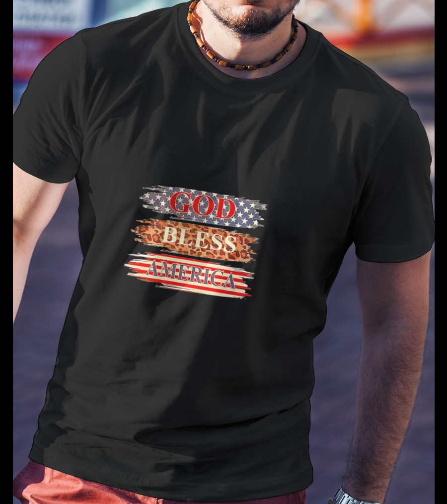 God Bless America Stars Stripes Leopard Print T-Shirt