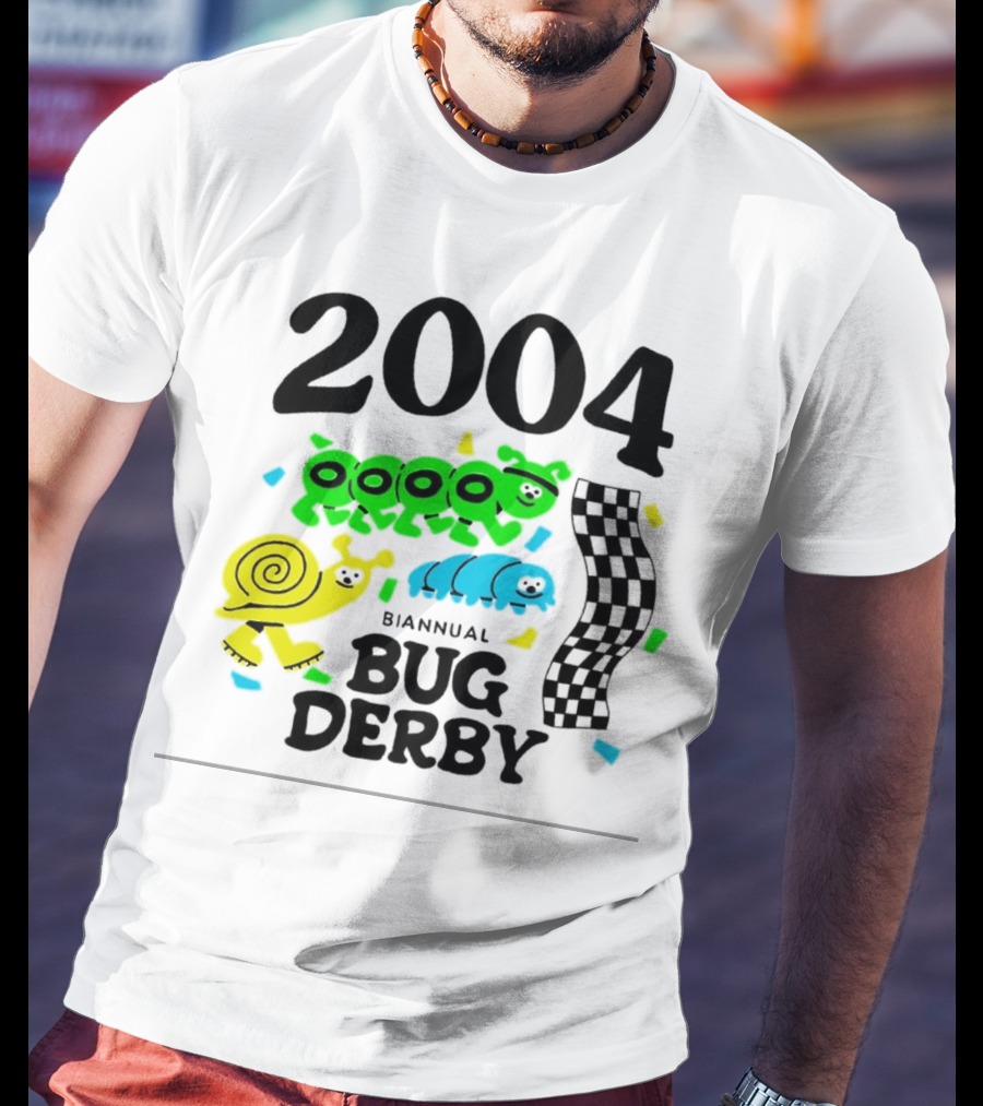 2004 Biannual Bug Derby Colorful Cartoon Caterpillars With Checkered Flag T-Shirt