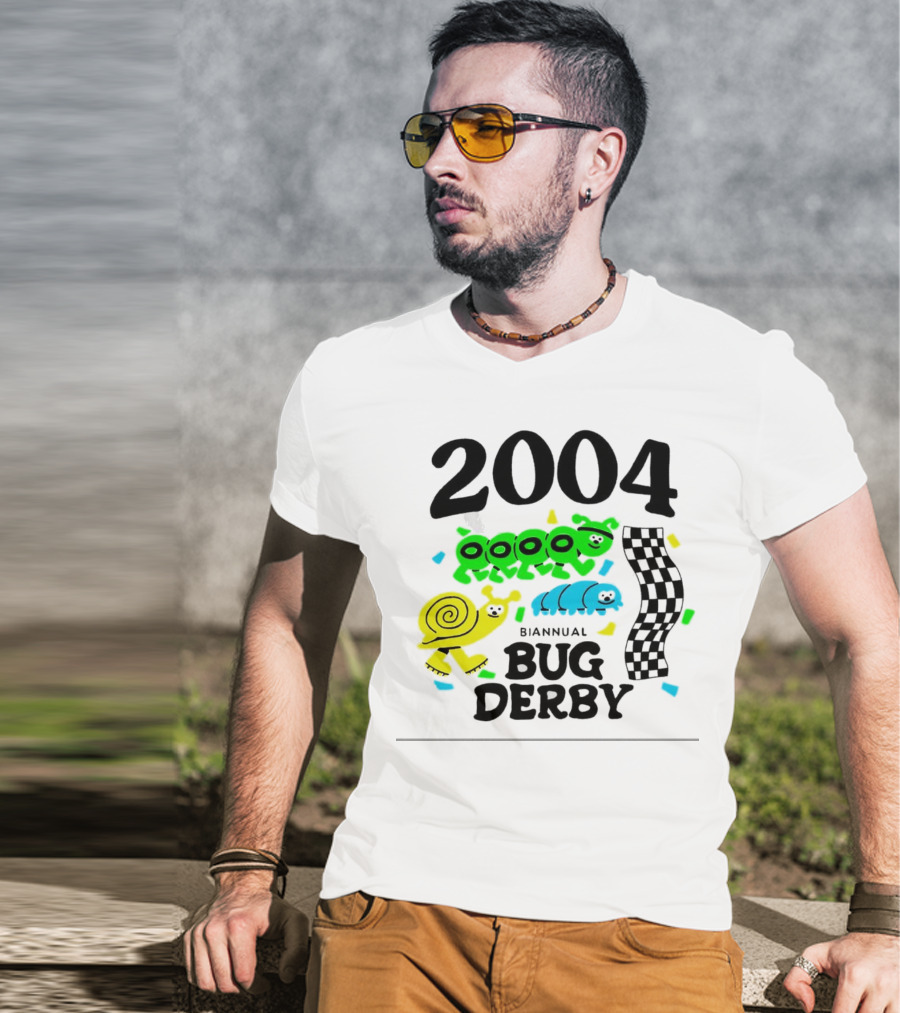 2004 Biannual Bug Derby Colorful Cartoon Caterpillars With Checkered Flag T-Shirt