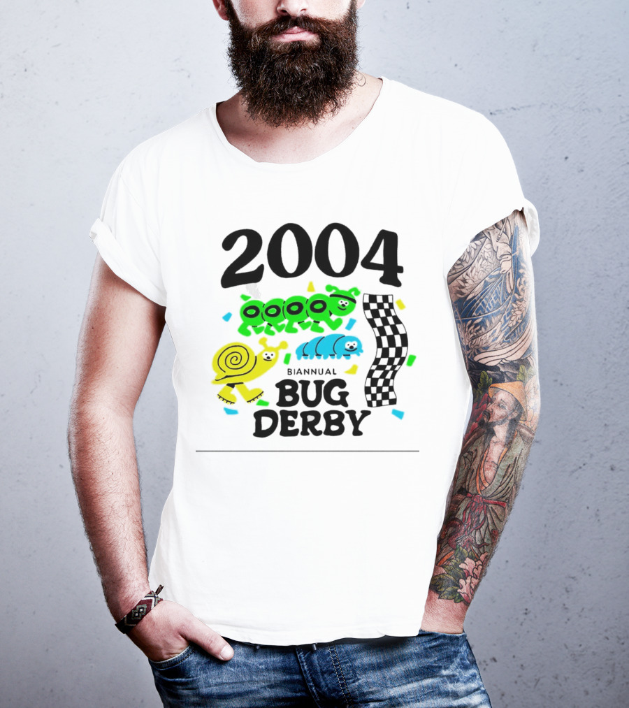 2004 Biannual Bug Derby Colorful Cartoon Caterpillars With Checkered Flag T-Shirt